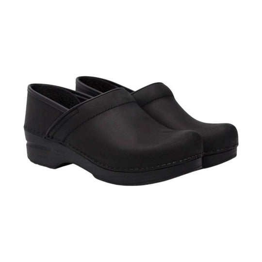 Black slip-on clogs with molded soles and smooth uppers