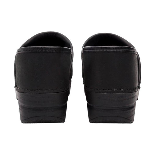 Black leather clogs shown from the back with thick platform soles