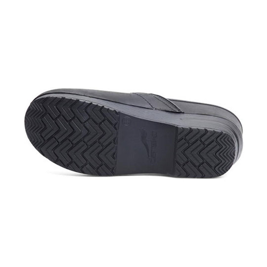 Black clog outsole with zigzag tread and embossed logo at the center