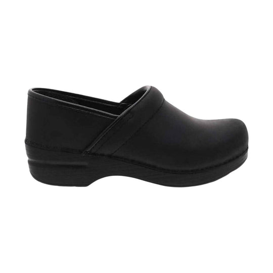 Black slip-on clog with a smooth closed toe and low heel