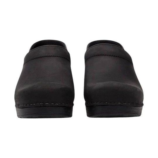 Black leather clogs shown from the back
