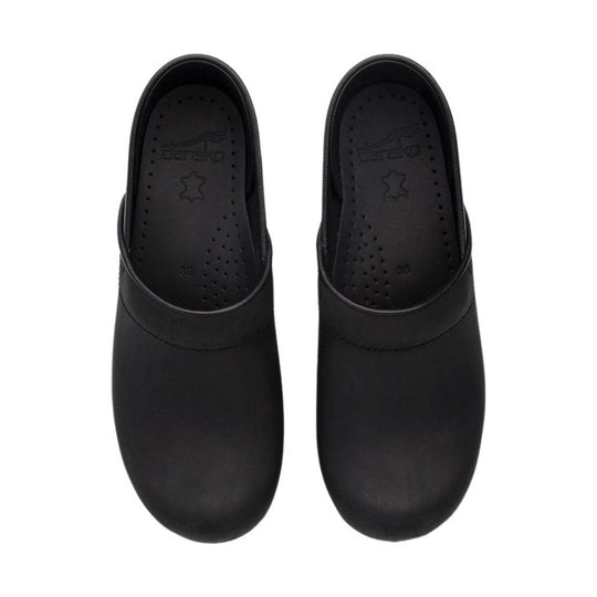 Pair of black leather clogs with closed toes and perforated insoles