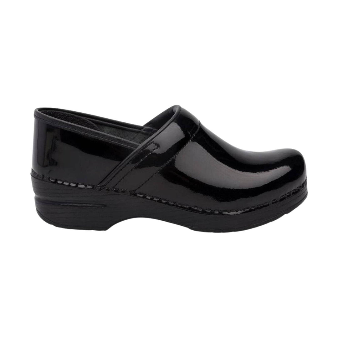 Black patent clog with a closed toe, low heel, and glossy finish