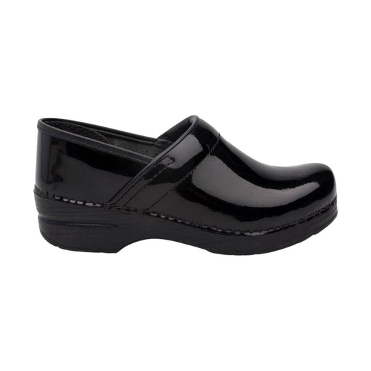 Black patent clog with a closed toe, low heel, and glossy finish