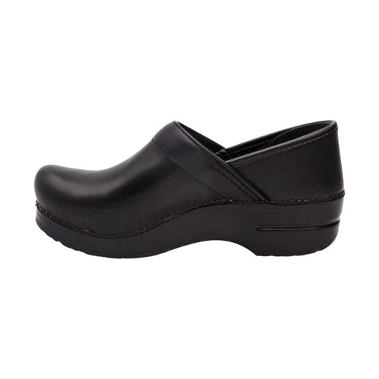 Black leather clog with a rounded toe, slip-on upper, and low heel