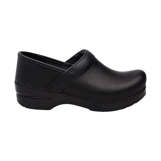 Black leather clog with a closed toe, slip-on upper, and wood-look sole