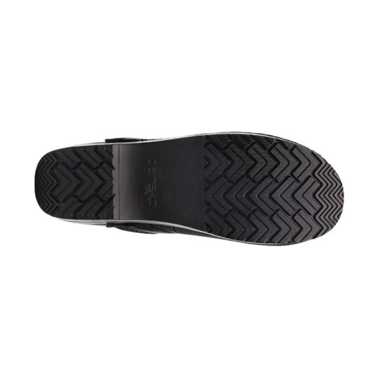 Black clog outsole with chevron tread and embossed dansko logo