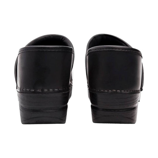 Black leather clog heels shown from the back