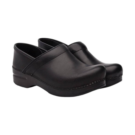 Black leather clogs with closed toes and low wood-look heels