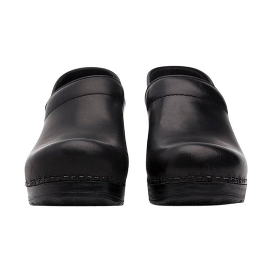 Black clogs shown from the back with thick soles and rounded heels