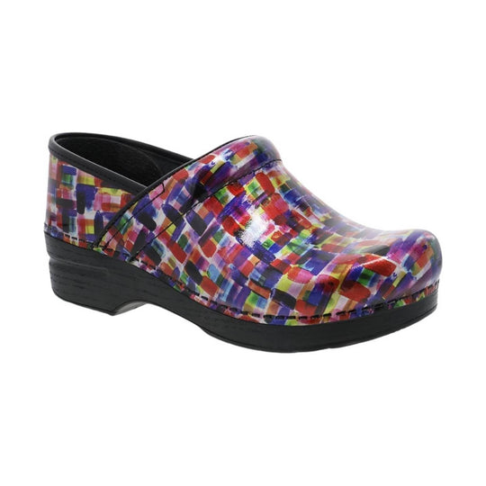 Colorful patent clog with black platform sole and closed toe