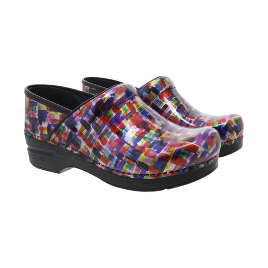 Multicolor patterned clogs with black platform soles and open backs