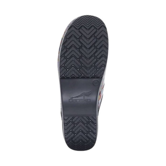 Black shoe sole with zigzag tread and embossed Dansko logo