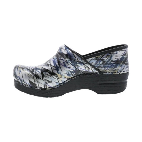 Black clog-style slip-on shoe with abstract blue, gray, and white print and a thick platform sole