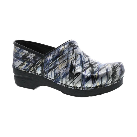 Printed black clog with a closed toe, open heel, and black platform sole