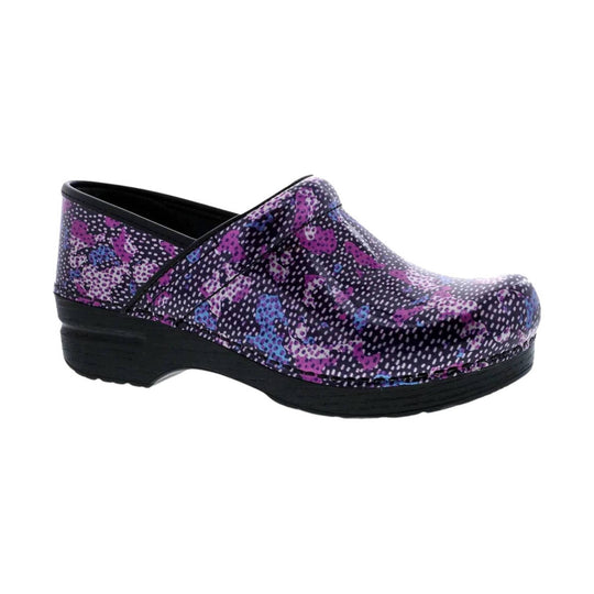 Purple and black patterned clog-style nursing shoe with black wedge sole