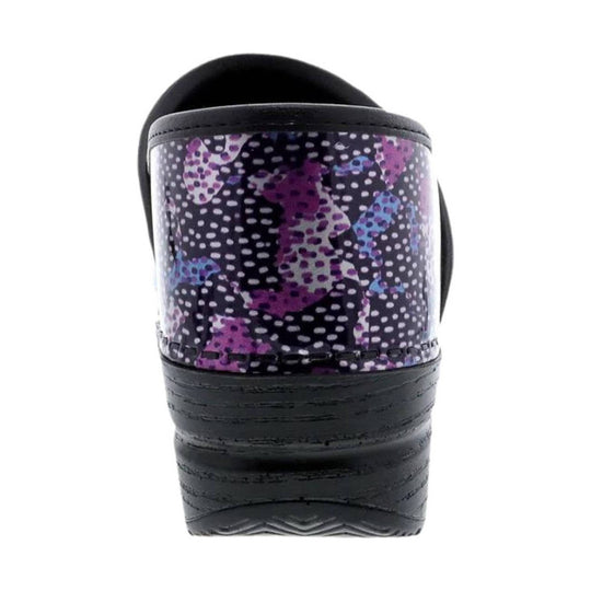 Black clog heel with abstract purple and blue patterned heel panel