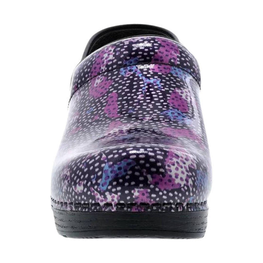 Back view of a black clogs with purple, pink, and blue abstract dot pattern