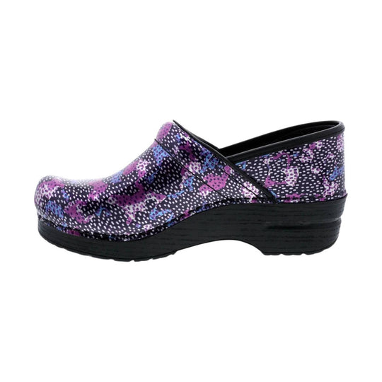 Purple, blue, and black patterned clog with black wedge sole, side profile