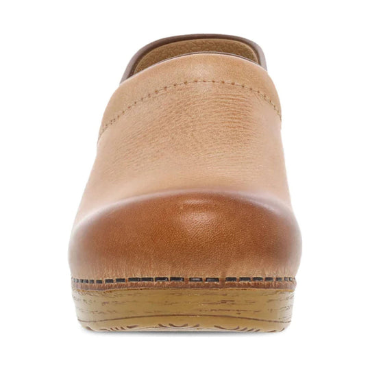 Tan leather clog with a brown heel cap and wood-look sole, shown from the back