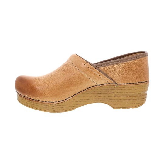 Tan suede clog with a woodgrain platform sole and stitched trim, shown in side view