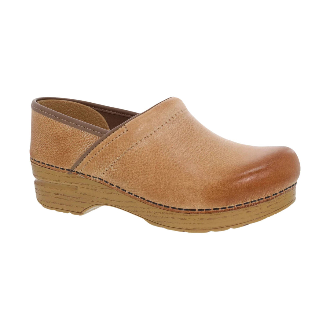 Tan distressed leather clog with a closed toe, slip-on design, and wood-look wedge heel