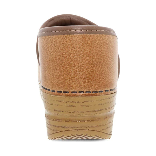 Brown suede clog heel with tan distressed wood-look sole and stitched collar, rear view