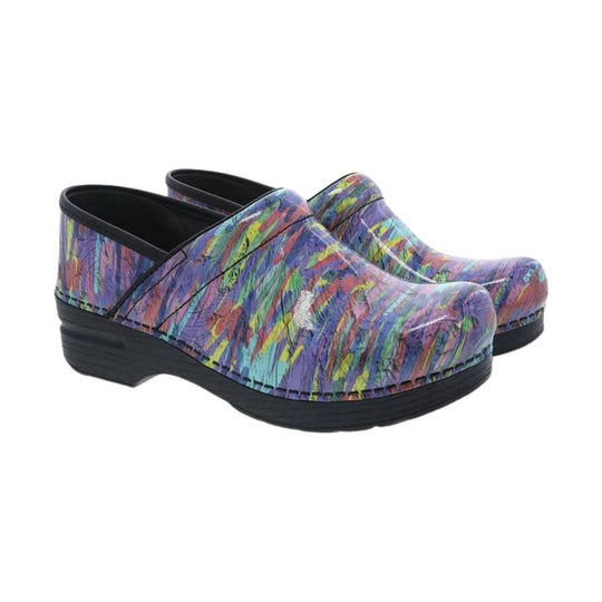 Colorful patterned leather clogs with black wedge soles