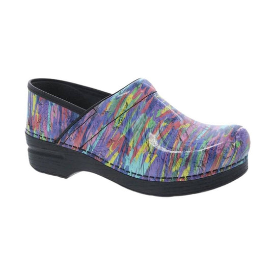 Multicolored painted clog with black sole and heel
