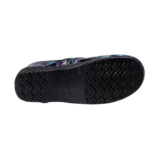 Black clog outsole with herringbone tread and Dansko logo