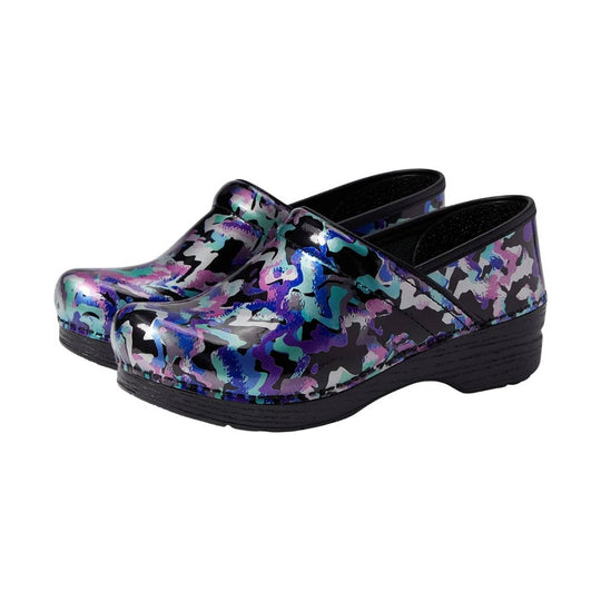 Pair of glossy black clogs with multicolor abstract print and black wedge soles