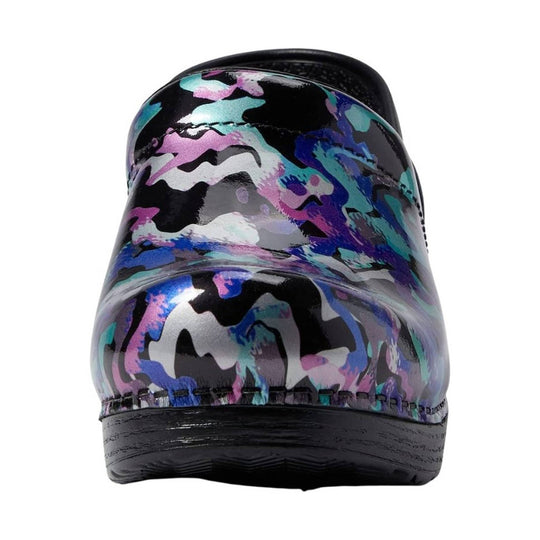 Back view of a glossy black clog with multicolor abstract camo print and black sole