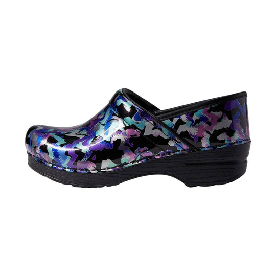 Black patent clog with a colorful purple, blue, and teal camo print and a black platform sole