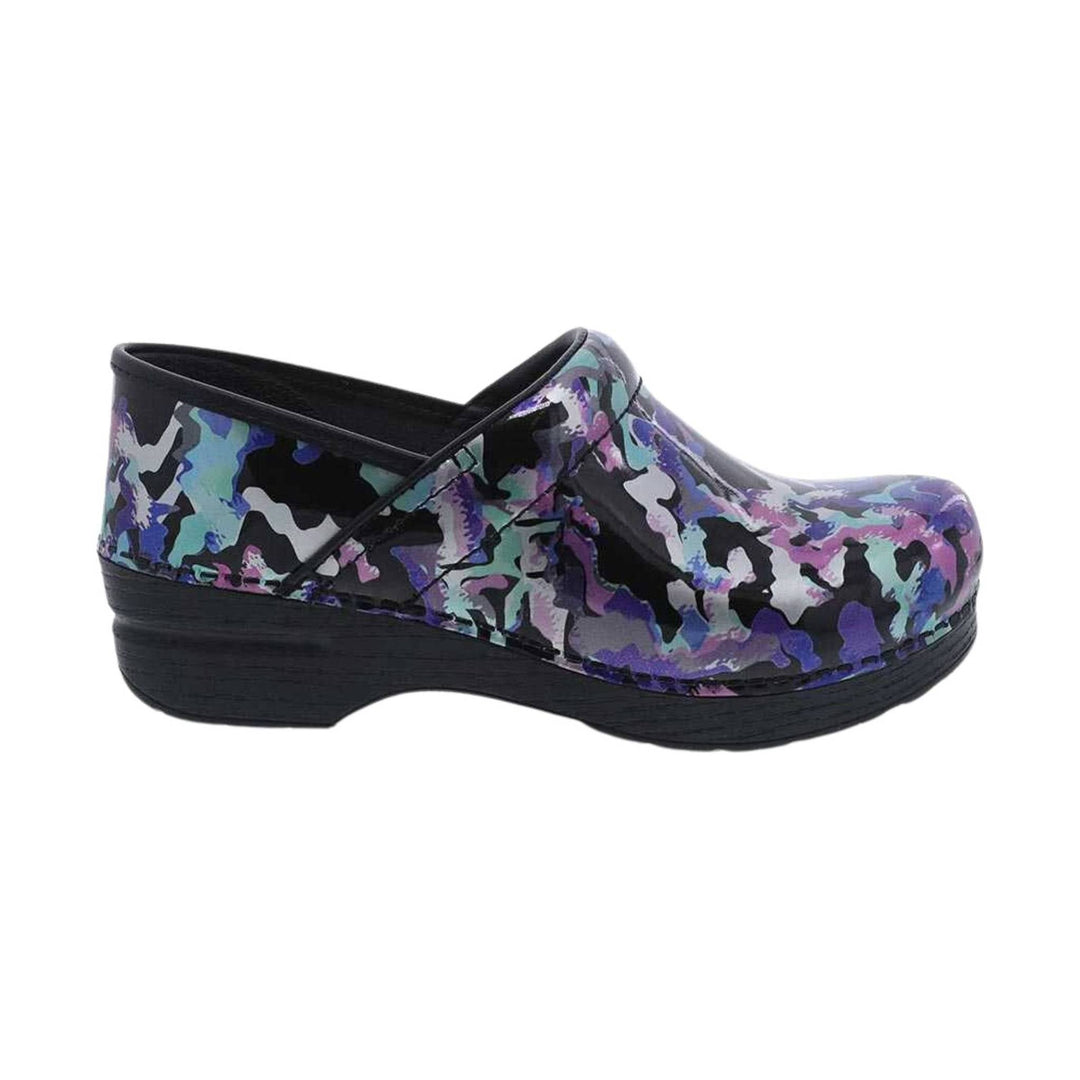 Black clog-style shoe with multicolor abstract print and low black heel