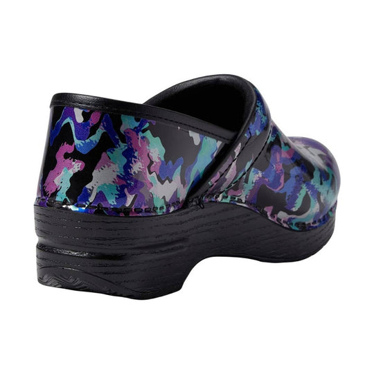 Multicolor abstract-print clog with black leather trim and thick black wedge sole, shown from the back