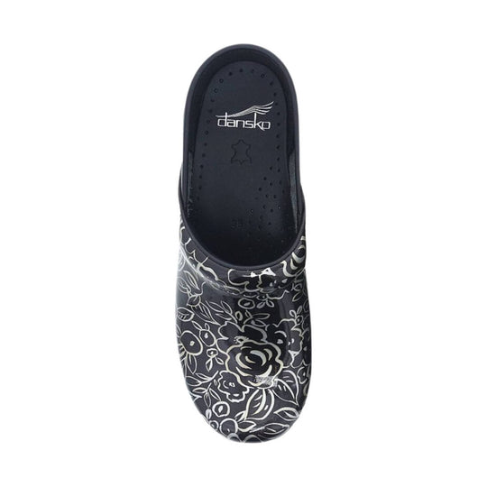 Black floral clogs with an open back and a molded footbed