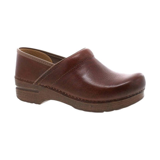 Brown leather clog with a closed toe and wood-look platform sole