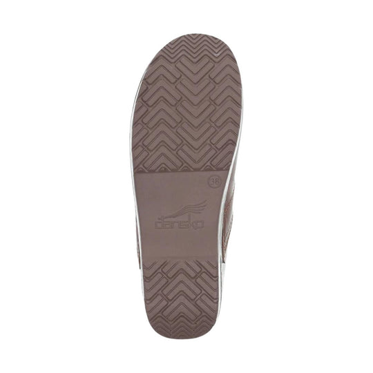Brown clog outsole with zigzag tread and Dansko logo, size 38