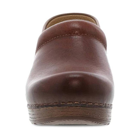 Brown leather clog shown from the back with rounded heel and wood-look sole