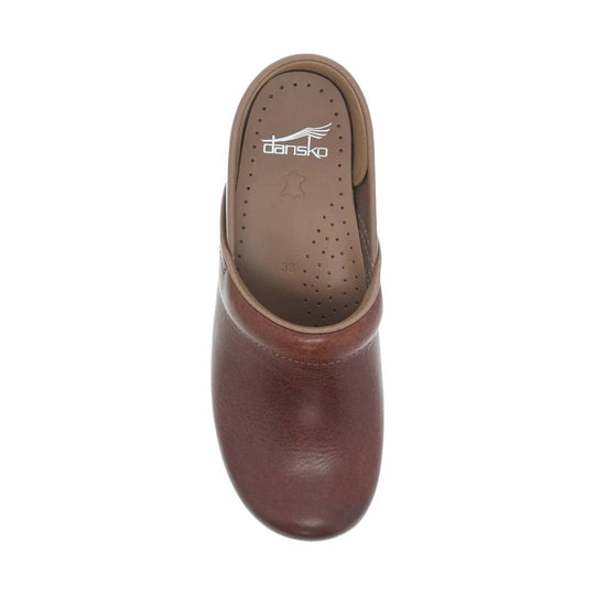 Brown leather clog with a molded footbed and visible Dansko logo