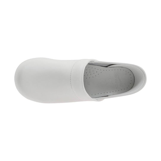 White closed-back clog with rounded toe and perforated insole, shown from above