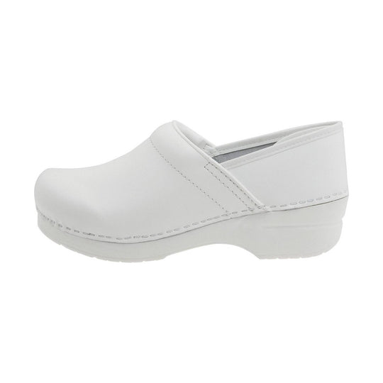 White closed-back clog with a low heel and stitched leather upper, side view