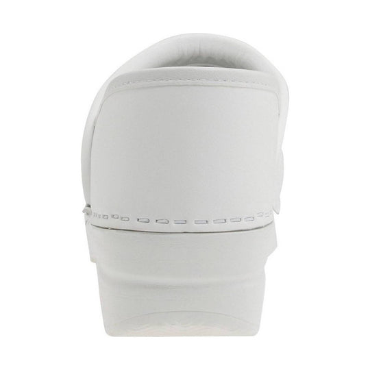 White leather clog heel with rounded back and stitched seam detail