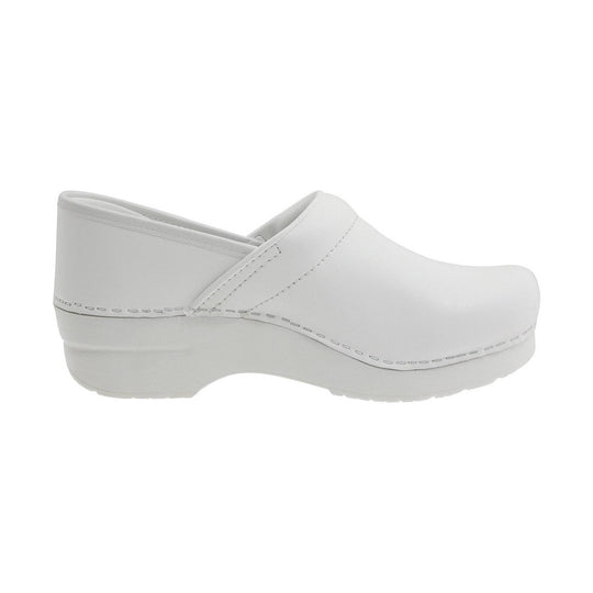 White leather clog with closed toe, open back, and thick wedge sole