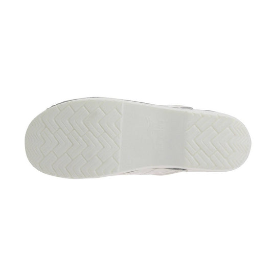 White clog sole with zigzag tread pattern and embossed logo at the center
