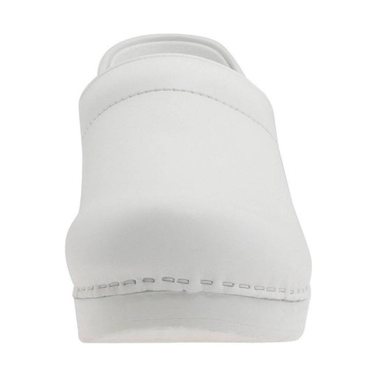 White leather clog shown from the back