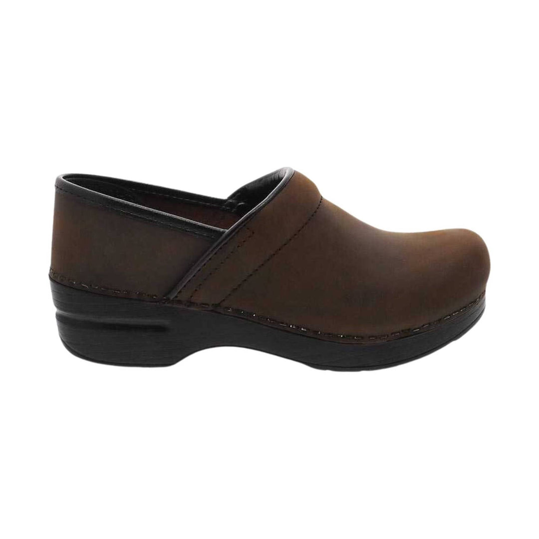 Brown slip-on clog with a black platform heel and closed toe, shown in side view