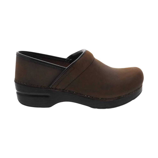 Brown slip-on clog with a black platform heel and closed toe, shown in side view