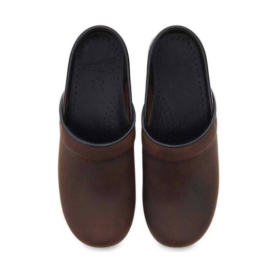 Pair of brown open-back clogs with black insoles, top view