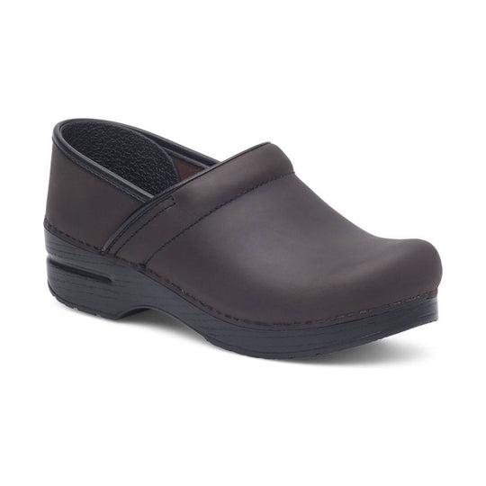 Brown leather clog with closed toe and black platform heel
